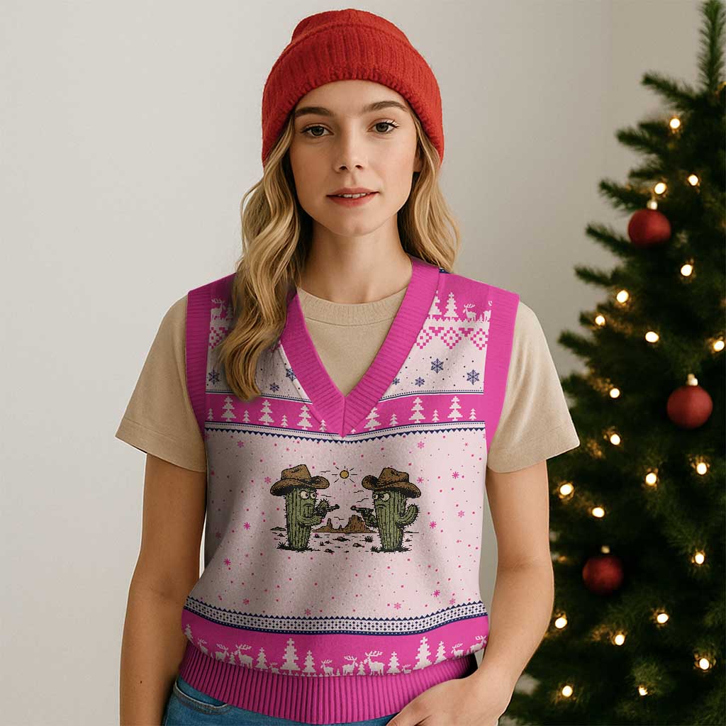 Funny Lone Star Cactus Cowboy Gunfight Gift V-Neck Knit Sweater Vest - Wonder Print Shop