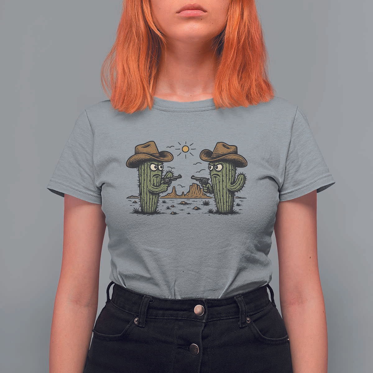 Funny Lone Star Cactus Cowboy Gunfight Gift T Shirt For Women - Wonder Print Shop