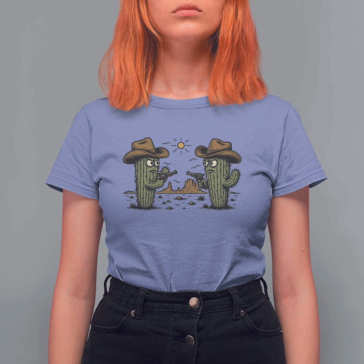 Funny Lone Star Cactus Cowboy Gunfight Gift T Shirt For Women - Wonder Print Shop
