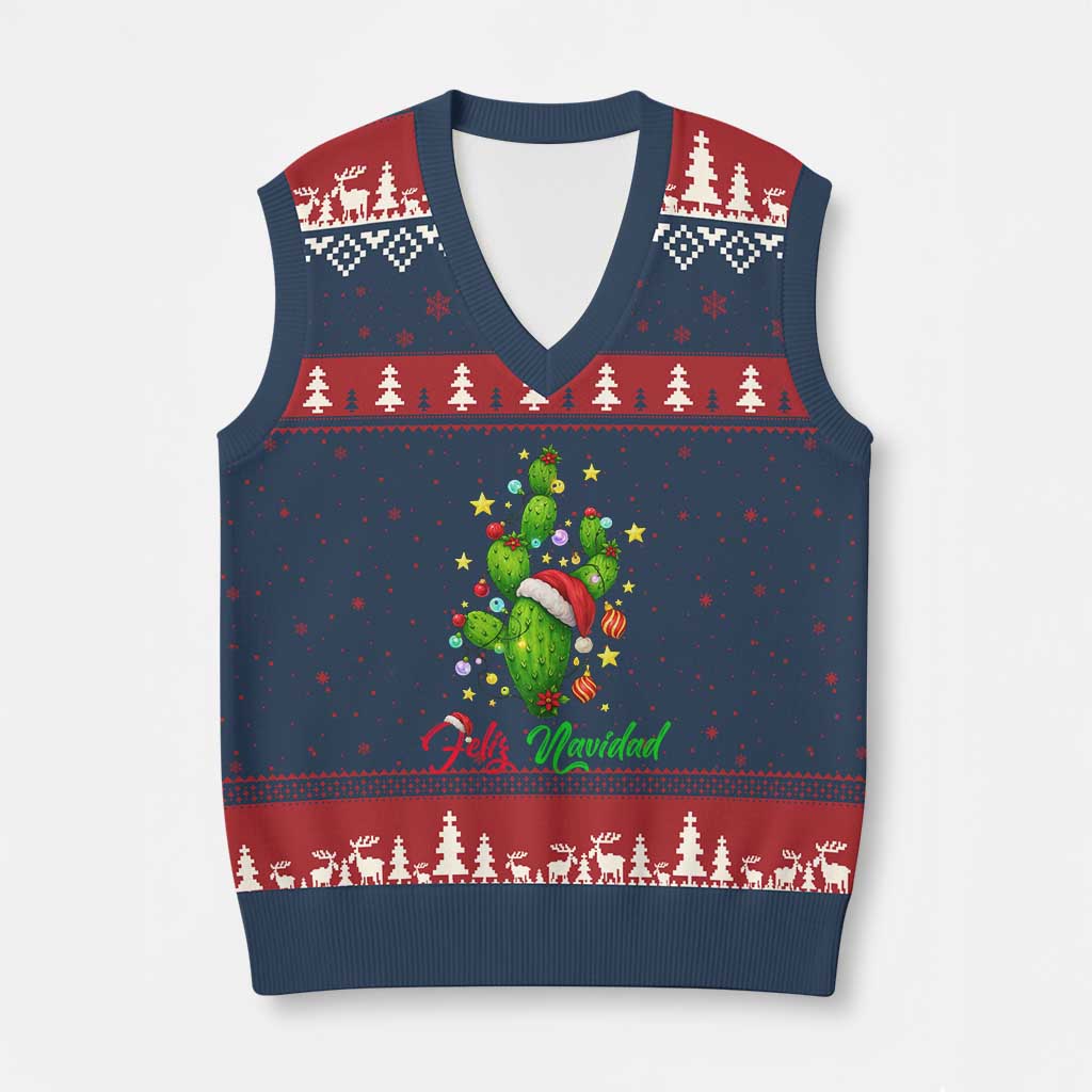Feliz Navidad Cactus V-Neck Knit Sweater Vest Funny Spanish Xmas Gift - Wonder Print Shop