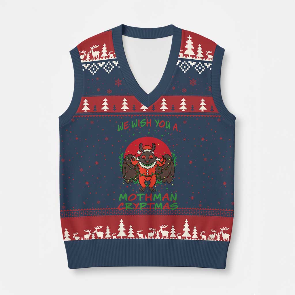 Mothman Xmas V-Neck Knit Sweater Vest We Wish You A Mothman Cryptmas Funny Xmas Gift - Wonder Print Shop