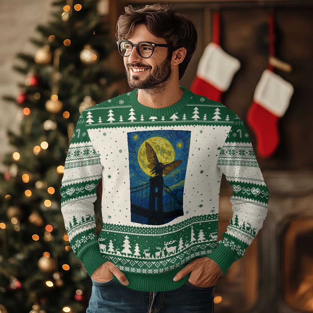 Mothman Starry Night Ugly Christmas Sweater Van Gogh Cryptid Gift - Wonder Print Shop