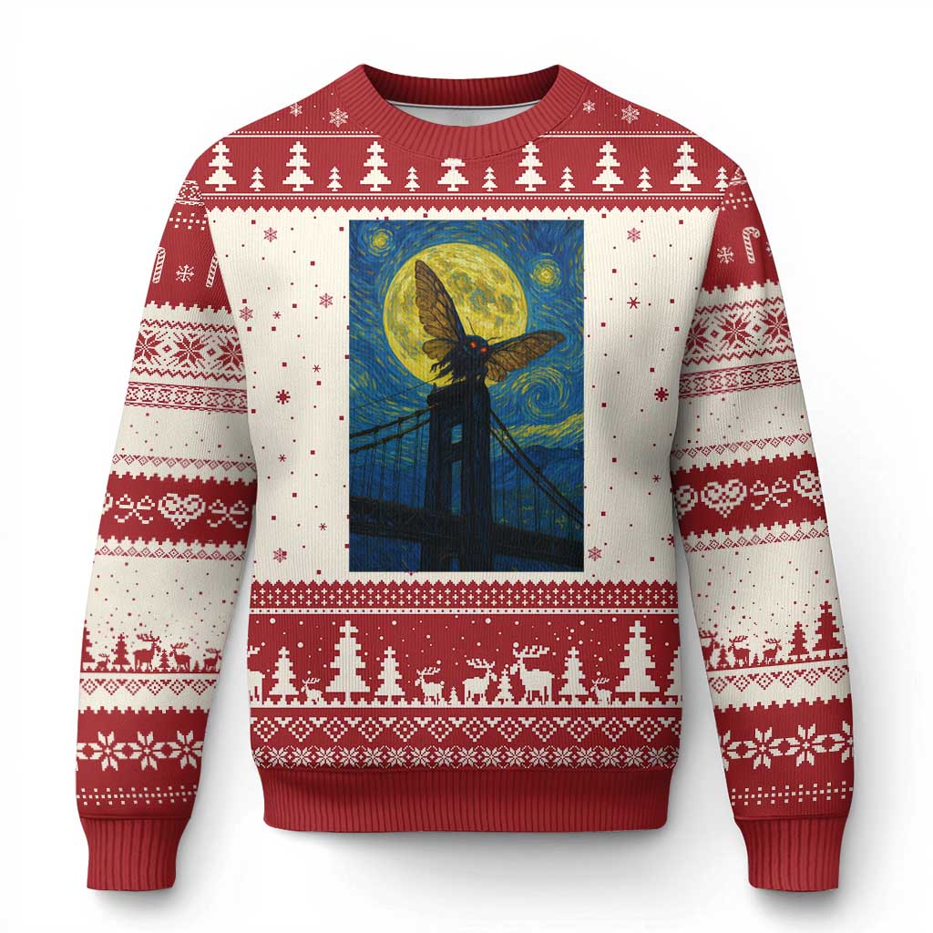 Mothman Starry Night Ugly Christmas Sweater Van Gogh Cryptid Gift - Wonder Print Shop