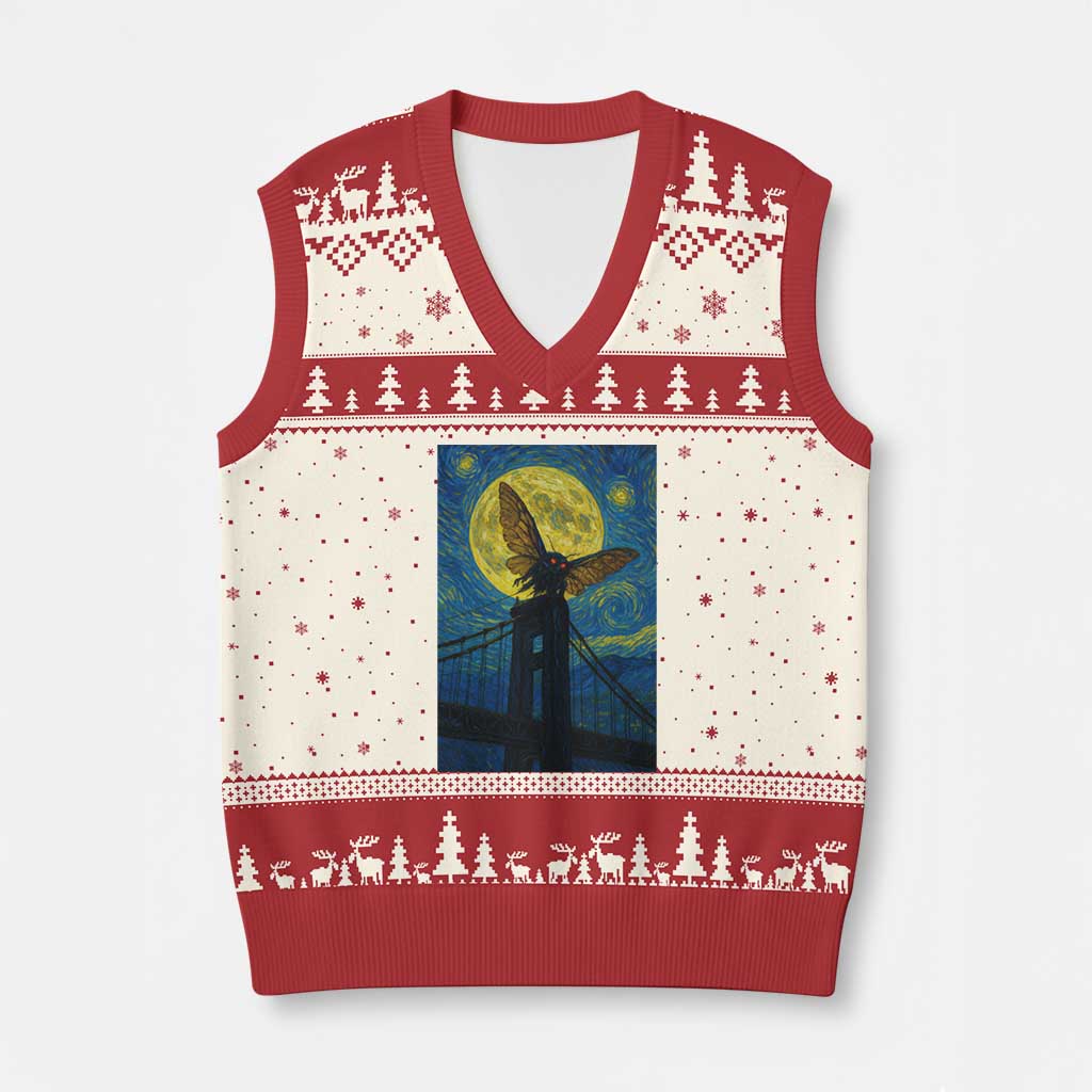 Mothman Starry Night V-Neck Knit Sweater Vest Van Gogh Cryptid Gift - Wonder Print Shop