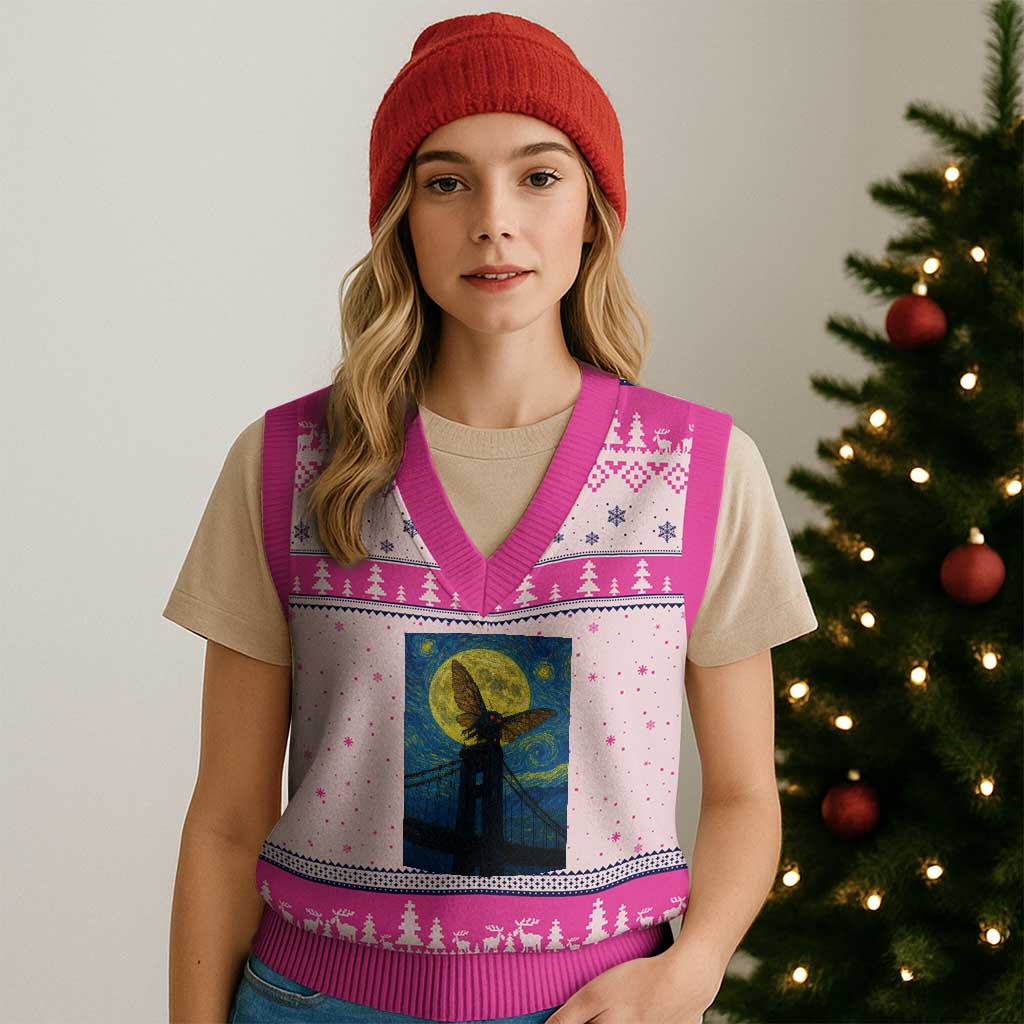 Mothman Starry Night V-Neck Knit Sweater Vest Van Gogh Cryptid Gift - Wonder Print Shop