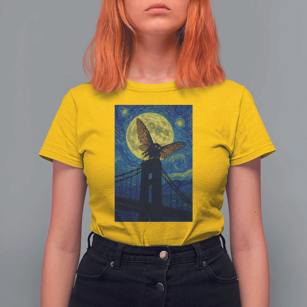 Mothman Starry Night T Shirt For Women Van Gogh Cryptid Gift - Wonder Print Shop
