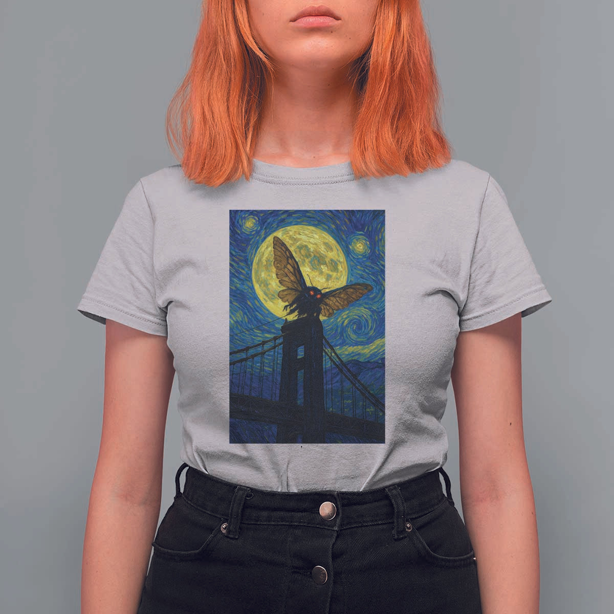 Mothman Starry Night T Shirt For Women Van Gogh Cryptid Gift - Wonder Print Shop