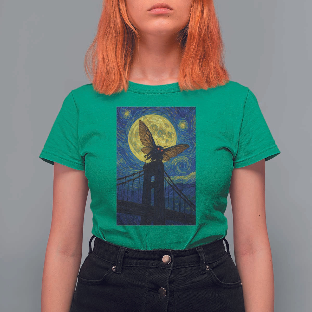 Mothman Starry Night T Shirt For Women Van Gogh Cryptid Gift - Wonder Print Shop