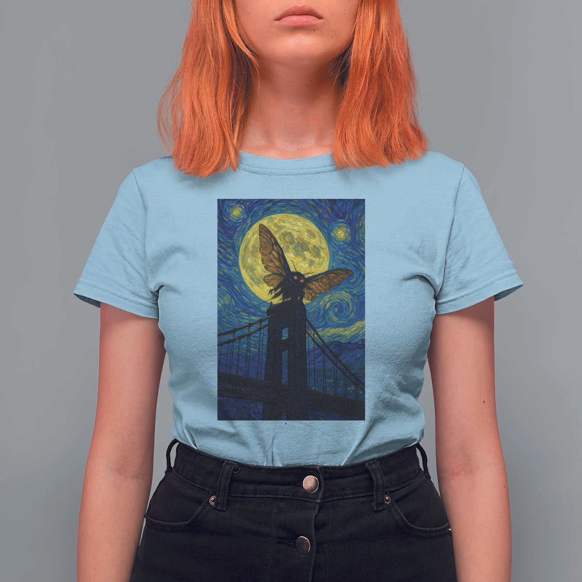 Mothman Starry Night T Shirt For Women Van Gogh Cryptid Gift - Wonder Print Shop
