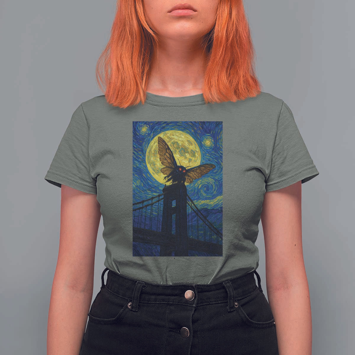 Mothman Starry Night T Shirt For Women Van Gogh Cryptid Gift - Wonder Print Shop