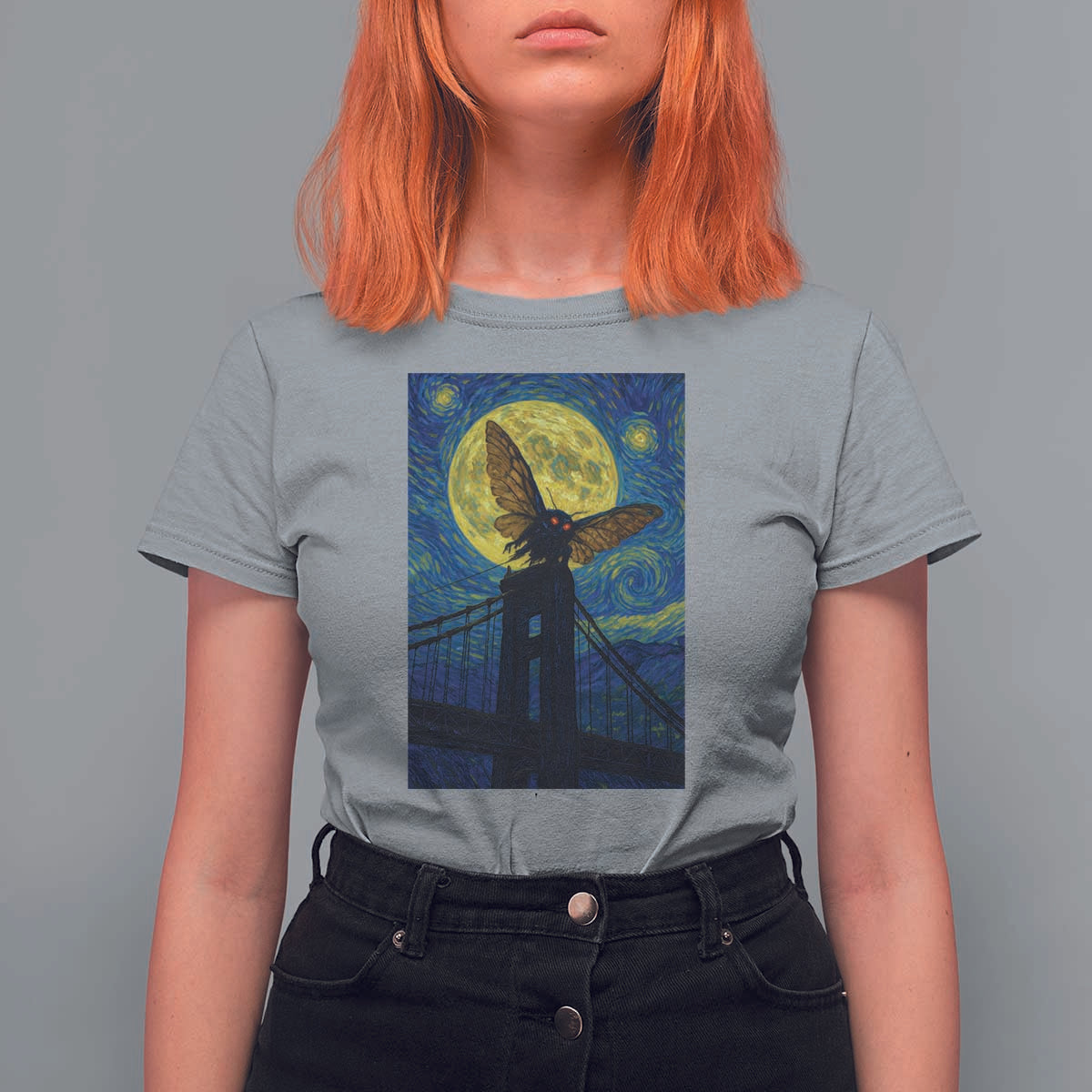 Mothman Starry Night T Shirt For Women Van Gogh Cryptid Gift - Wonder Print Shop