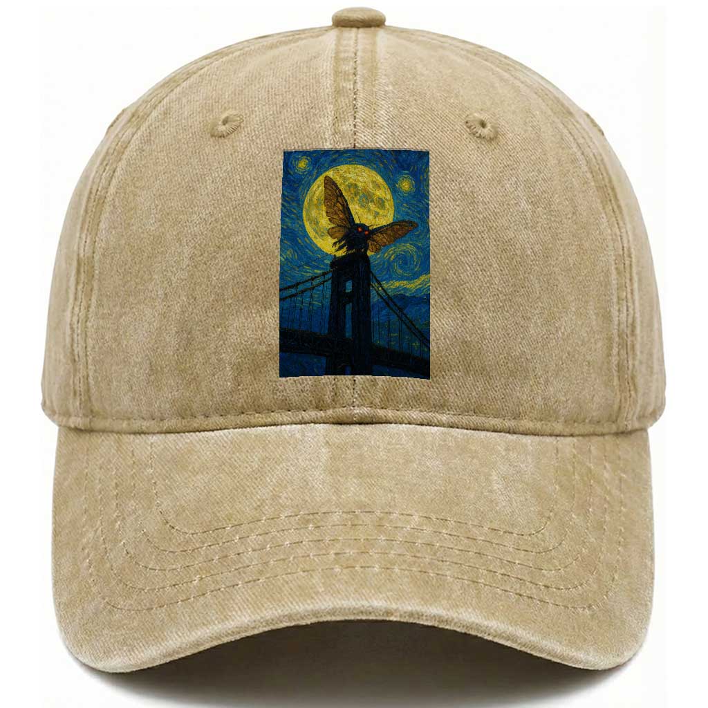 Mothman Starry Night Washed Cotton Baseball Cap Van Gogh Cryptid Gift