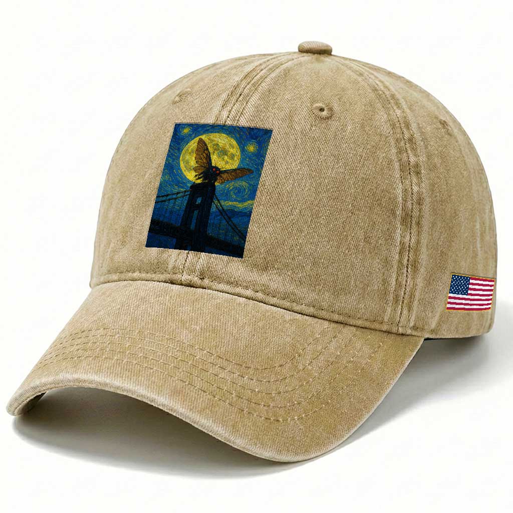 Mothman Starry Night Washed Cotton Baseball Cap Van Gogh Cryptid Gift