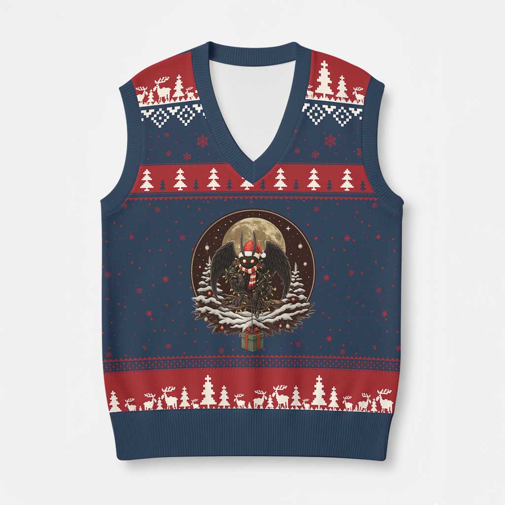 Mothman In Xmas Night V-Neck Knit Sweater Vest Funny Cryptid Gift - Wonder Print Shop