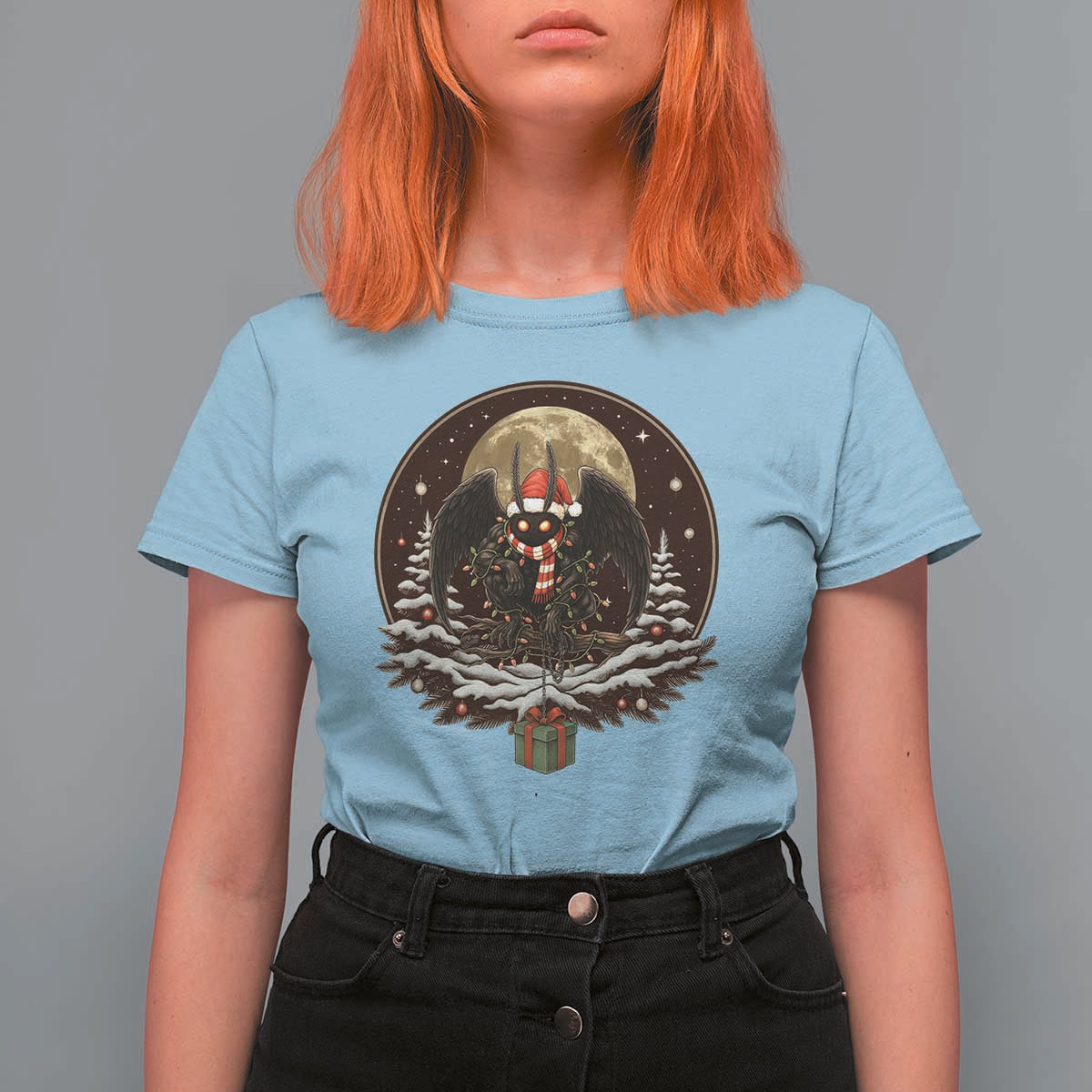 Mothman In Christmas Night T Shirt For Women Funny Cryptid Gift - Wonder Print Shop