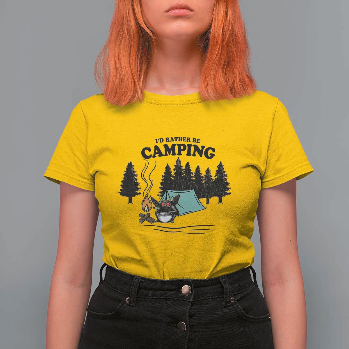 Mothman T Shirt For Women Id Rather Be Camping Funny Cryptid Gift - Wonder Print Shop