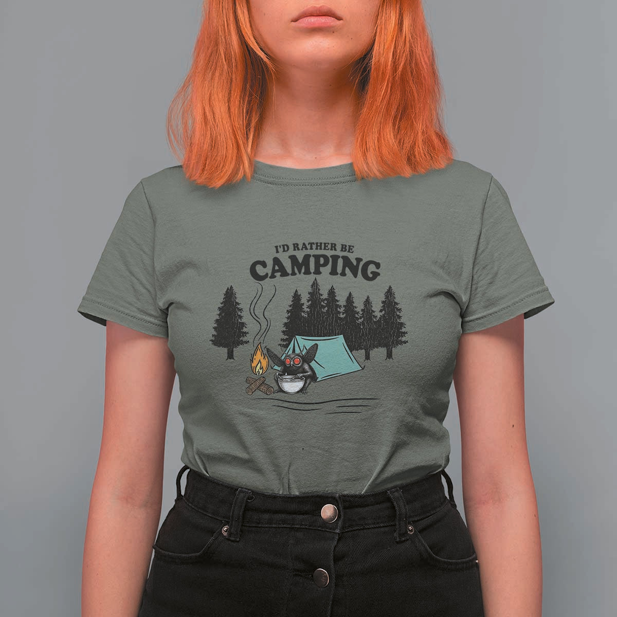 Mothman T Shirt For Women Id Rather Be Camping Funny Cryptid Gift - Wonder Print Shop