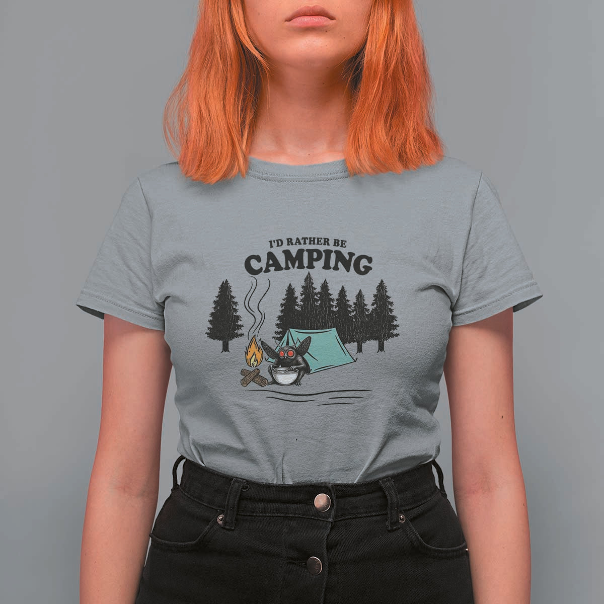 Mothman T Shirt For Women Id Rather Be Camping Funny Cryptid Gift - Wonder Print Shop