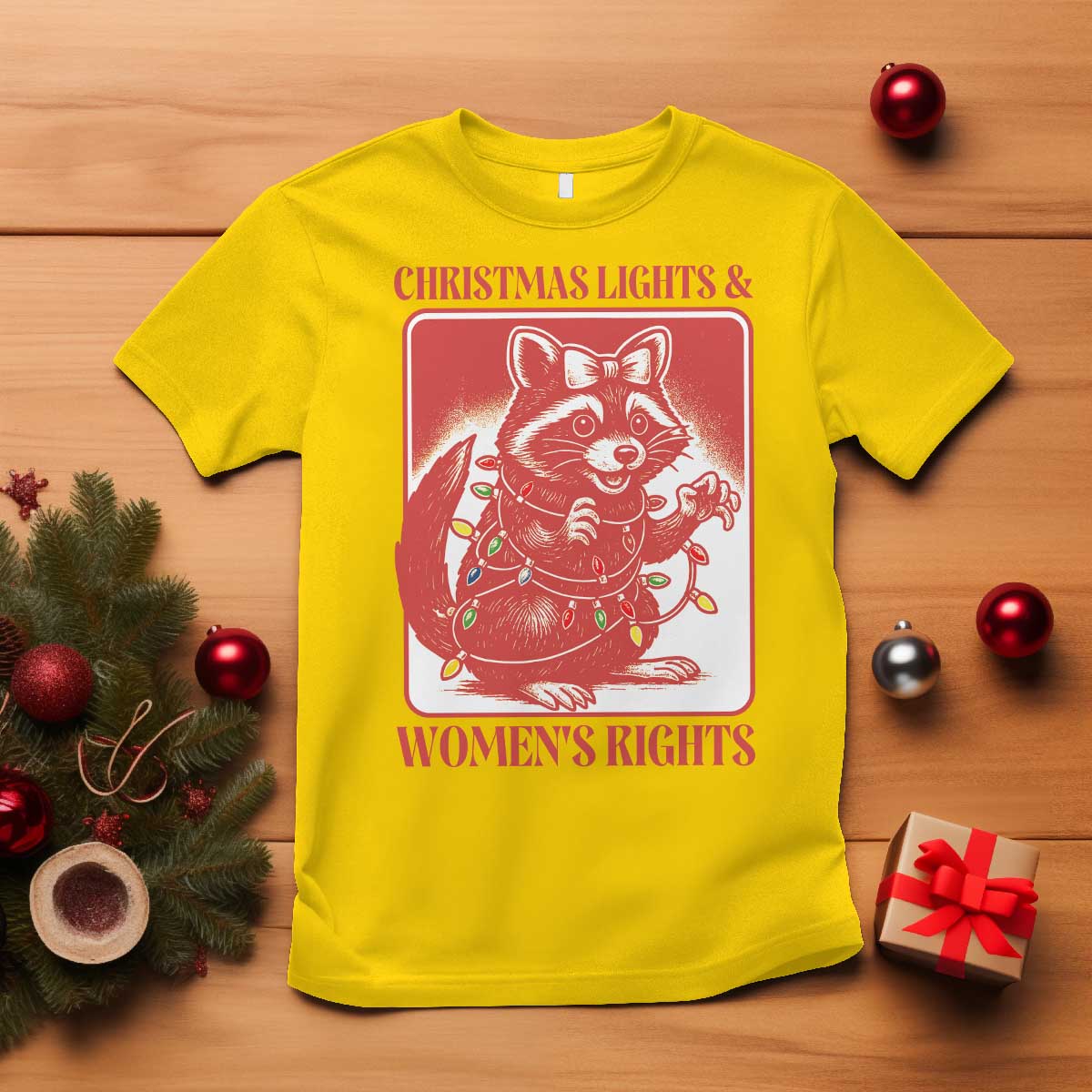 Christmas Lights And Womens Rights T Shirt Raccoon Female Rage Holiday Gift - Wonder Print Shop