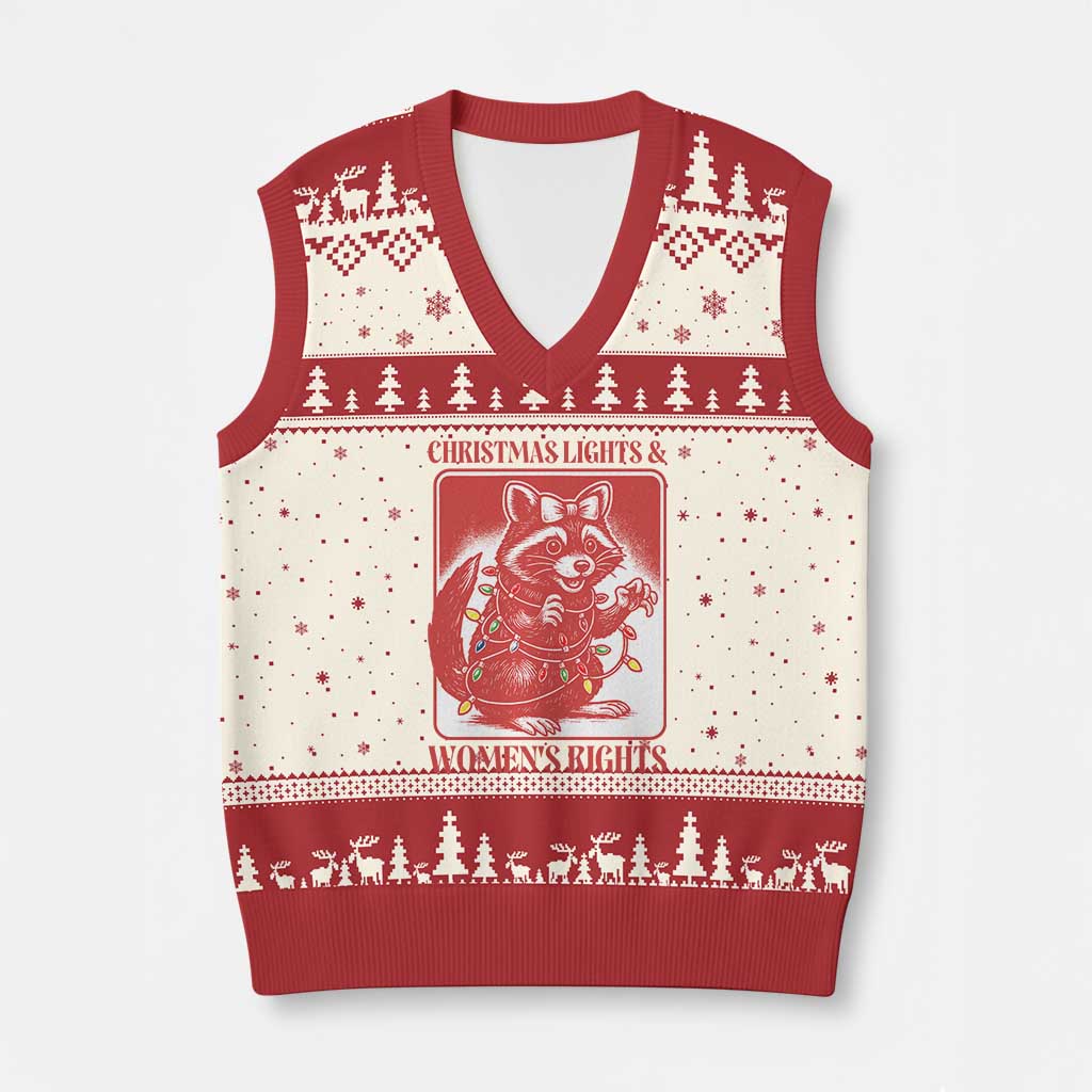 Xmas Lights And Womens Rights V-Neck Knit Sweater Vest Raccoon Female Rage Holiday Gift - Wonder Print Shop