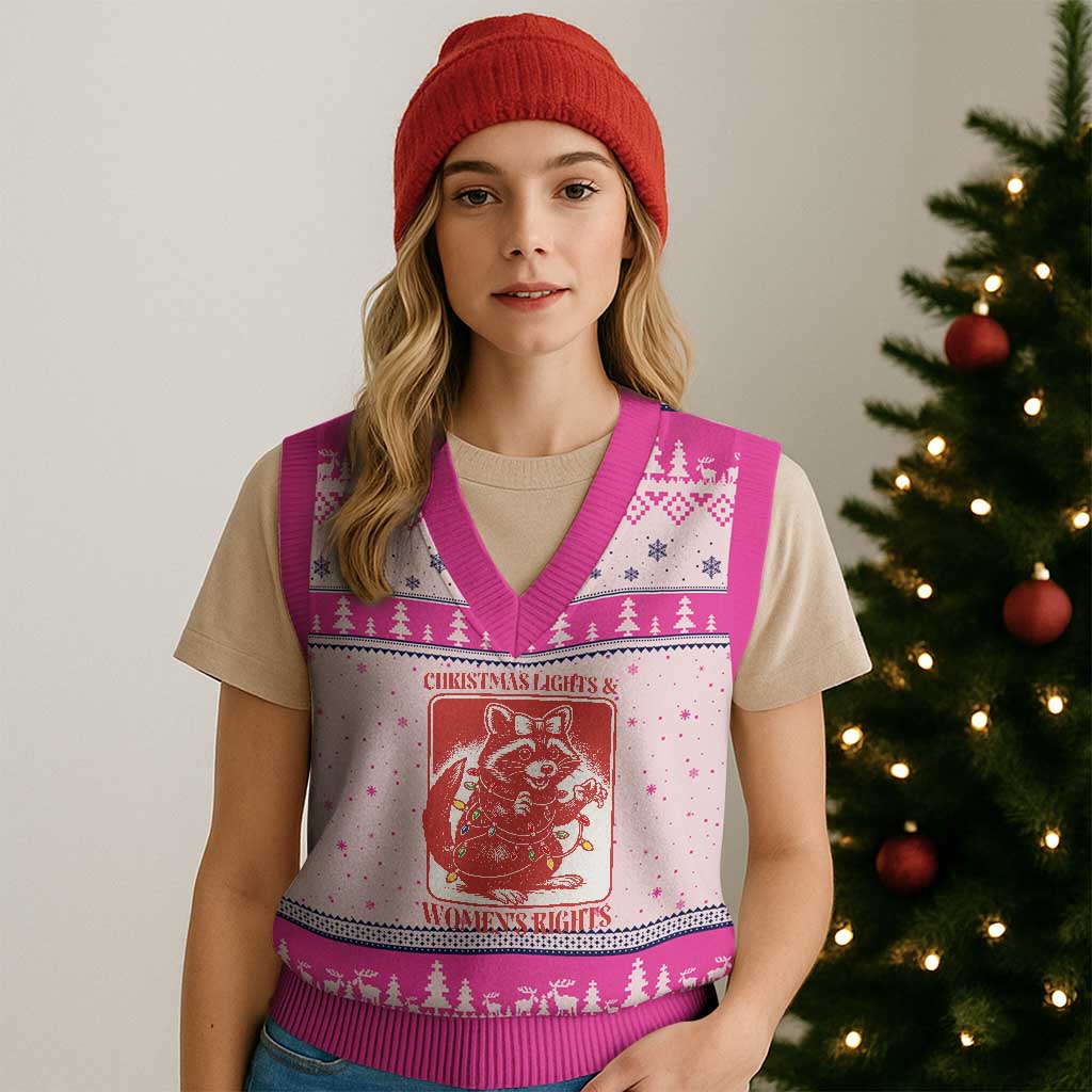 Xmas Lights And Womens Rights V-Neck Knit Sweater Vest Raccoon Female Rage Holiday Gift - Wonder Print Shop