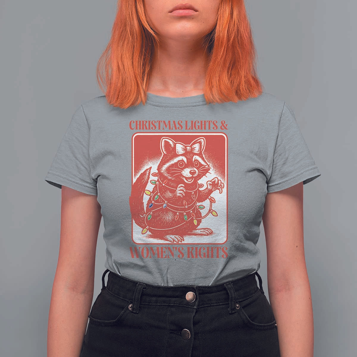 Christmas Lights And Womens Rights T Shirt For Women Raccoon Female Rage Holiday Gift - Wonder Print Shop