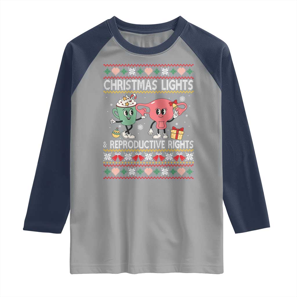 Funny Feminist Christmas Lights And Reproductive Rights Ugly Holiday Gift Raglan Shirt - Wonder Print Shop