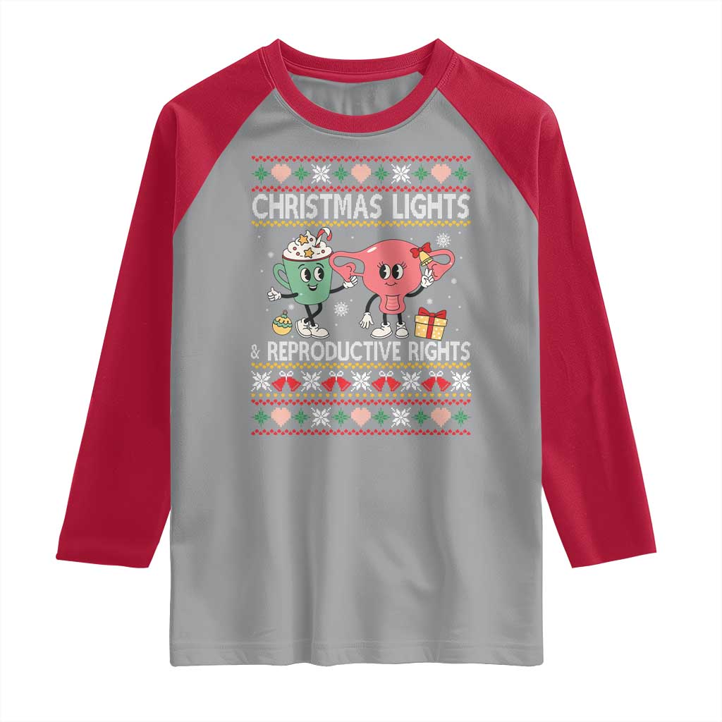Funny Feminist Christmas Lights And Reproductive Rights Ugly Holiday Gift Raglan Shirt - Wonder Print Shop
