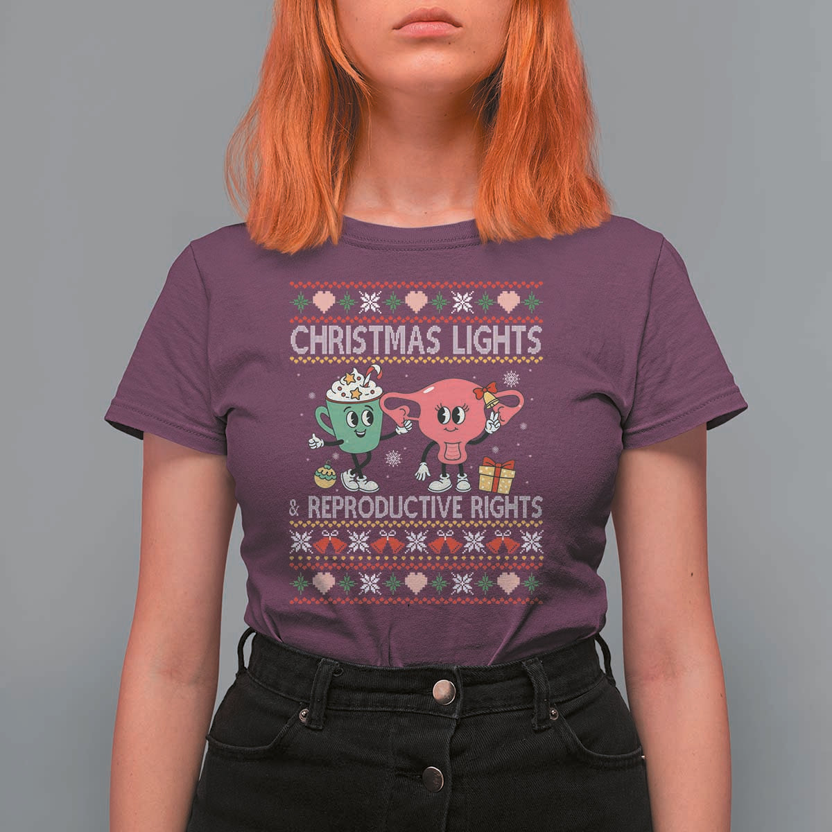 Funny Feminist Christmas Lights And Reproductive Rights Ugly Holiday Gift T Shirt For Women - Wonder Print Shop