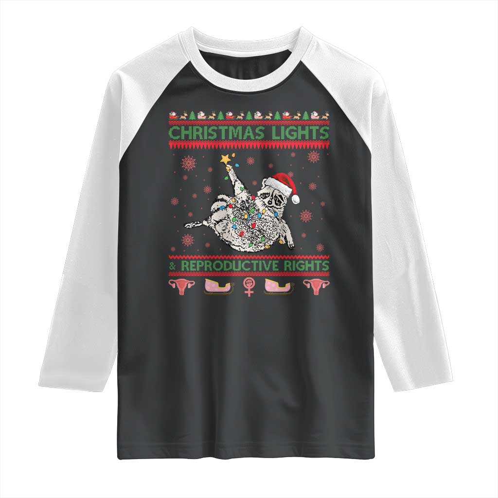 Christmas Lights And Reproductive Rights Ugly Christmas Raglan Shirt Feminist Raccoon Gift - Wonder Print Shop