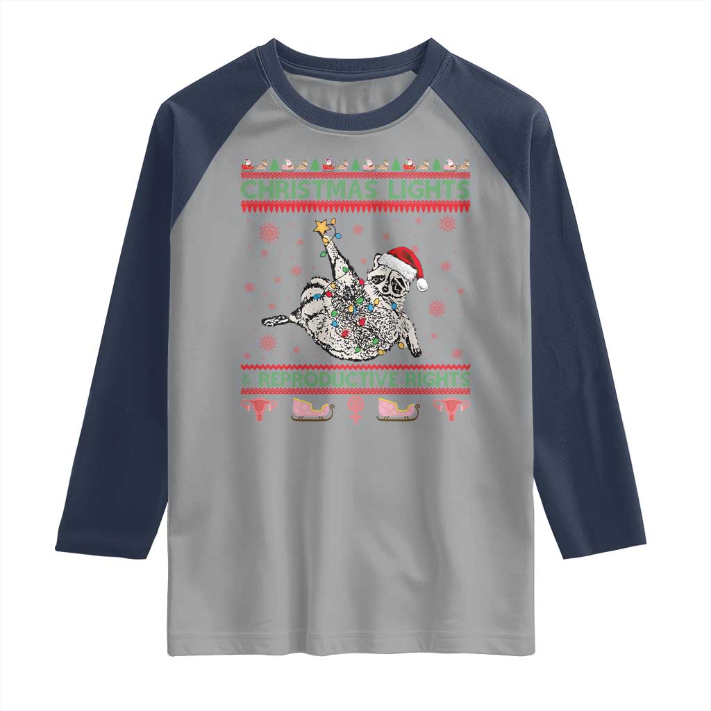 Christmas Lights And Reproductive Rights Ugly Christmas Raglan Shirt Feminist Raccoon Gift - Wonder Print Shop