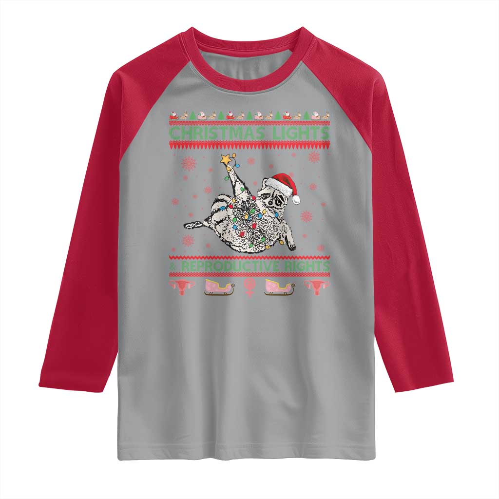 Christmas Lights And Reproductive Rights Ugly Christmas Raglan Shirt Feminist Raccoon Gift - Wonder Print Shop