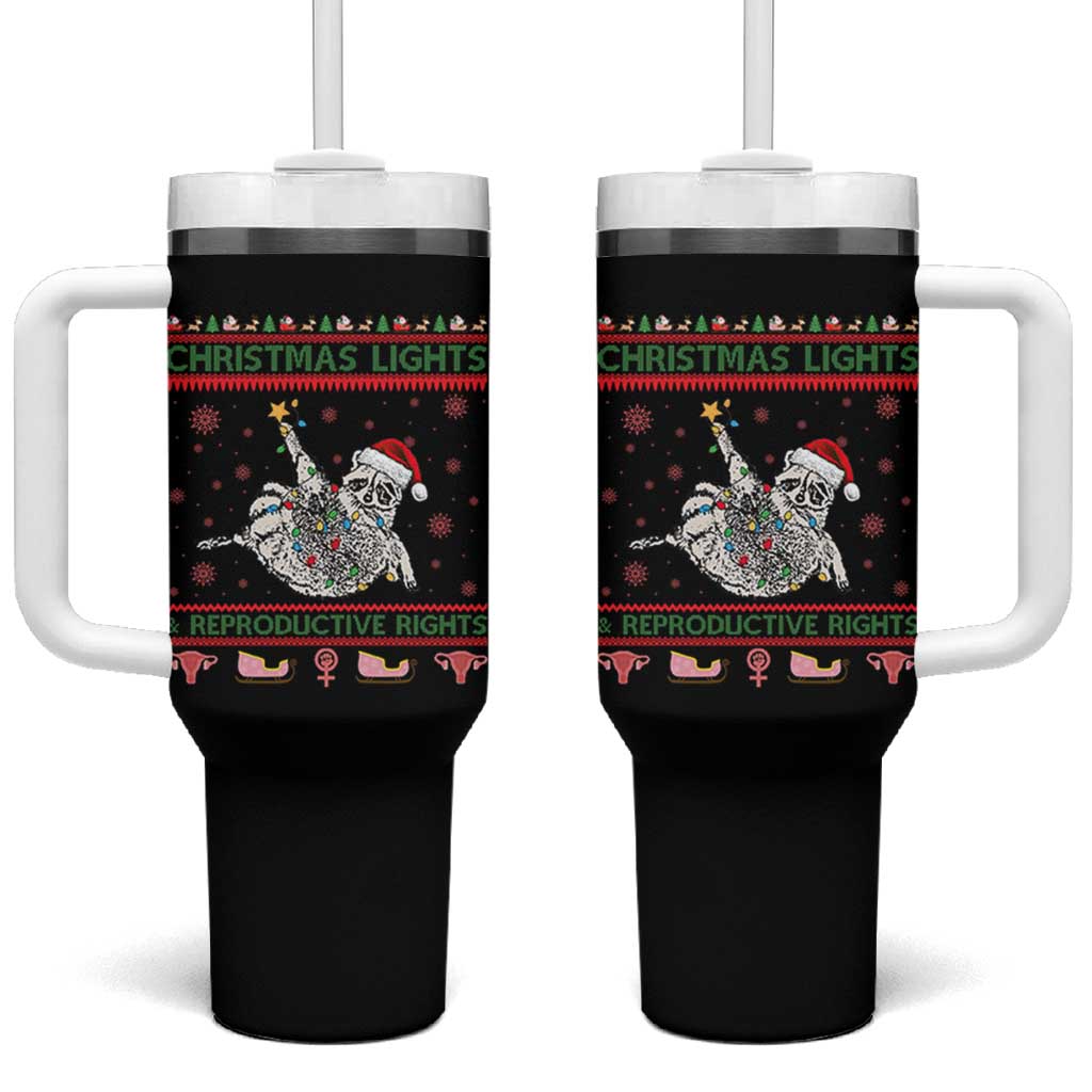 Christmas Lights And Reproductive Rights Ugly Christmas Tumbler With Handle Feminist Raccoon Gift - Wonder Print Shop