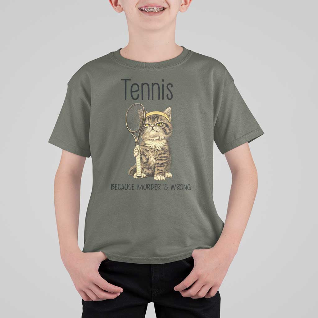 Funny Cat Plays Tennis T Shirt For Kid Because Murder Is Wrong - Wonder Print Shop