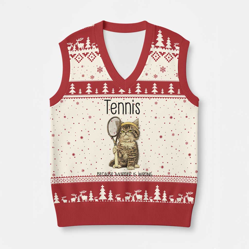 Funny Cat Plays Tennis V-Neck Knit Sweater Vest Because Murder Is Wrong - Wonder Print Shop