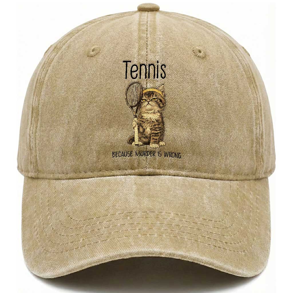 Funny Cat Plays Tennis Washed Cotton Baseball Cap Because Murder Is Wrong