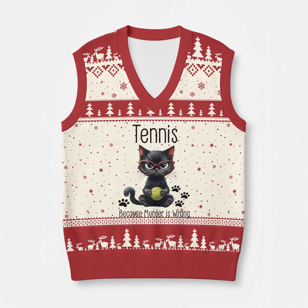 Funny Tennis Cat Gift V-Neck Knit Sweater Vest Because Murder Is Wrong - Wonder Print Shop