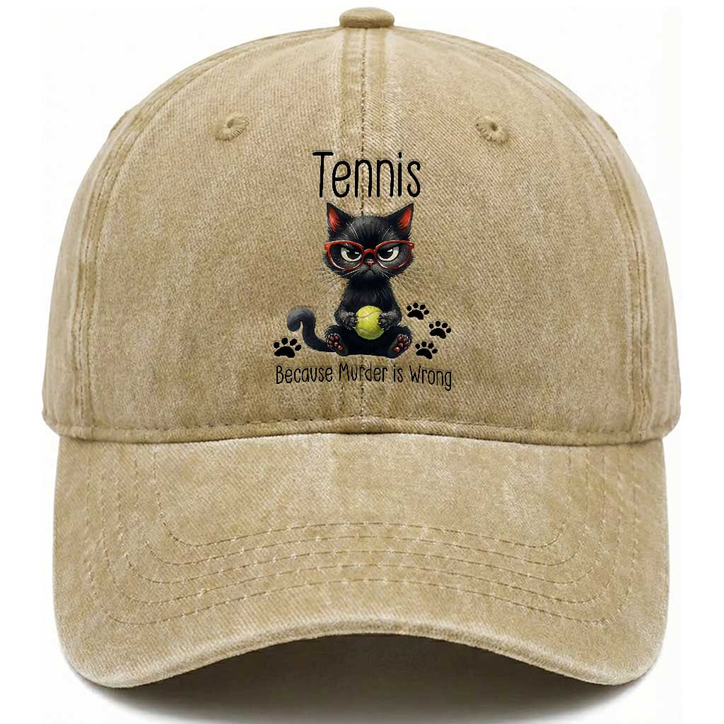 Funny Tennis Cat Gift Washed Cotton Baseball Cap Because Murder Is Wrong