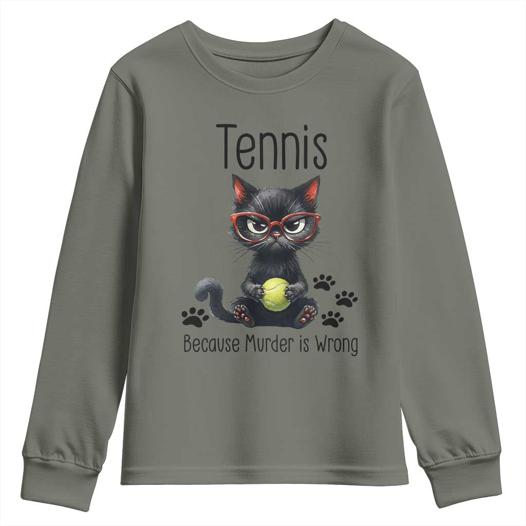 Funny Tennis Cat Gift Youth Sweatshirt Because Murder Is Wrong - Wonder Print Shop
