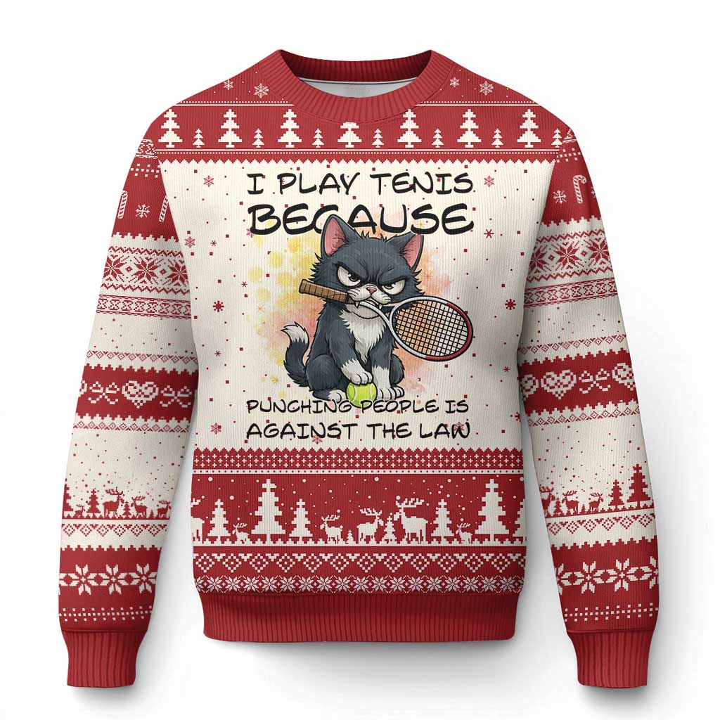 Funny Cat Plays Tennis Ugly Christmas Sweater Because Punching People Is Against The Law - Wonder Print Shop