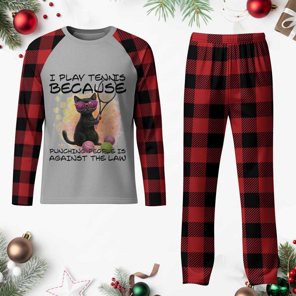 Because Punching People Is Against The Law Plaid Pajama Set Funny Tennis Cat Gift - Wonder Print Shop