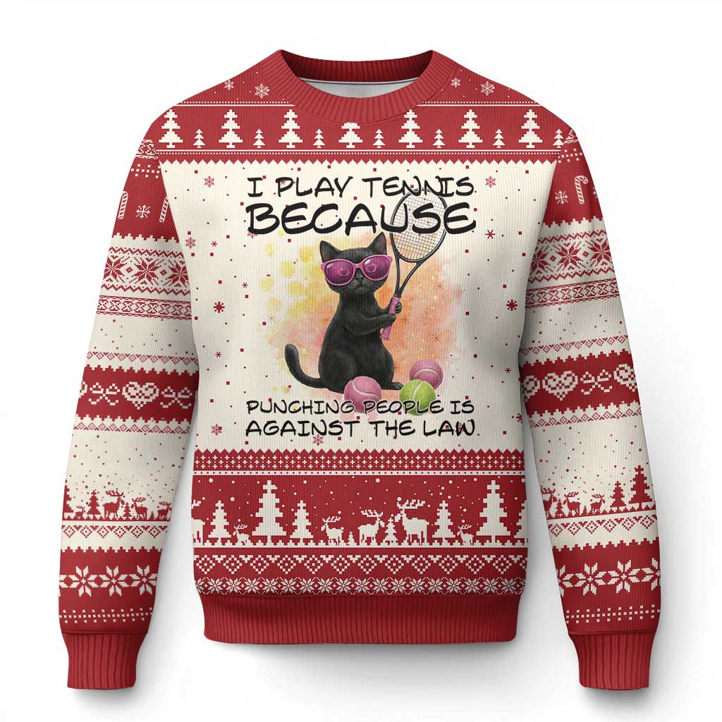 Because Punching People Is Against The Law Ugly Christmas Sweater Funny Tennis Cat Gift - Wonder Print Shop