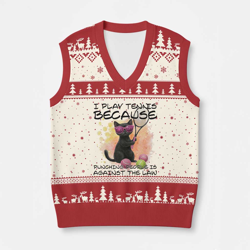 Because Punching People Is Against The Law V-Neck Knit Sweater Vest Funny Tennis Cat Gift - Wonder Print Shop