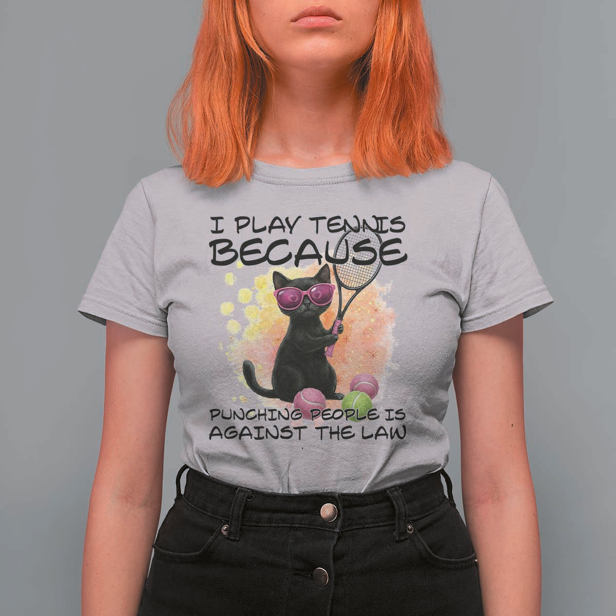 Because Punching People Is Against The Law T Shirt For Women Funny Tennis Cat Gift - Wonder Print Shop
