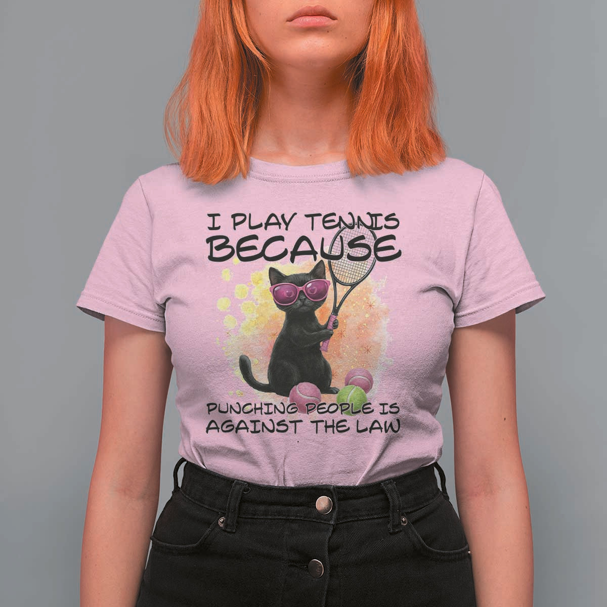 Because Punching People Is Against The Law T Shirt For Women Funny Tennis Cat Gift - Wonder Print Shop