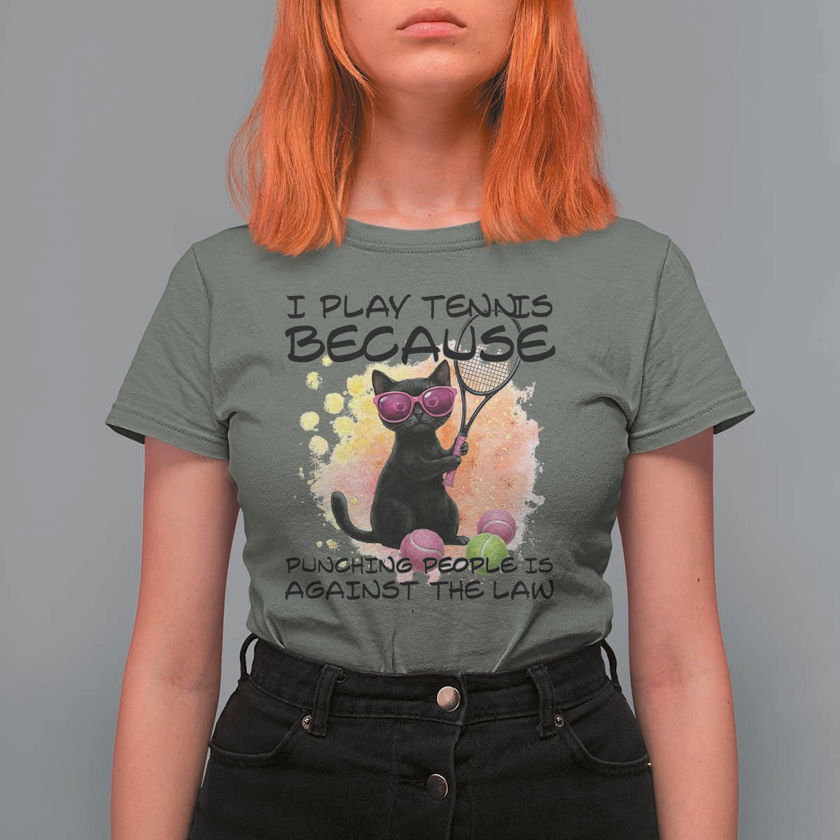Because Punching People Is Against The Law T Shirt For Women Funny Tennis Cat Gift - Wonder Print Shop