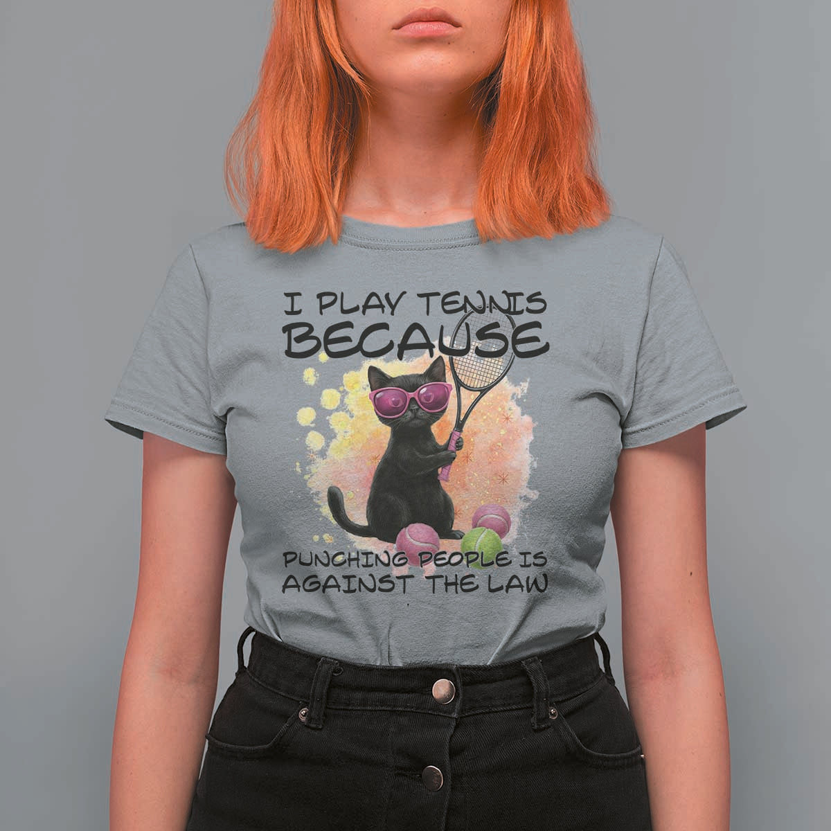 Because Punching People Is Against The Law T Shirt For Women Funny Tennis Cat Gift - Wonder Print Shop