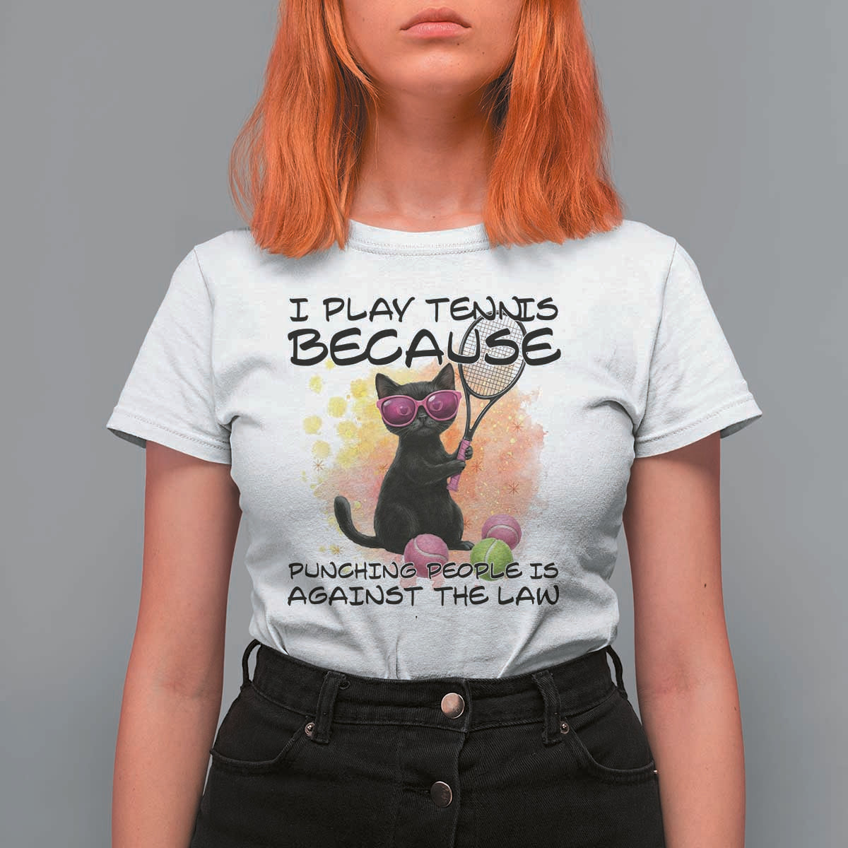 Because Punching People Is Against The Law T Shirt For Women Funny Tennis Cat Gift - Wonder Print Shop