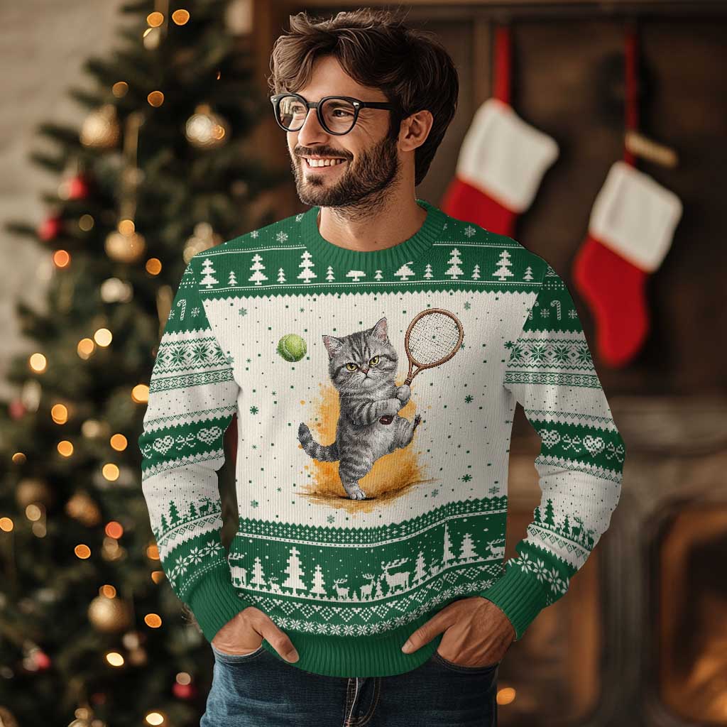 Funny Grumpy Cat Tennis Player Ugly Christmas Sweater Gift For Tennis Fans - Wonder Print Shop