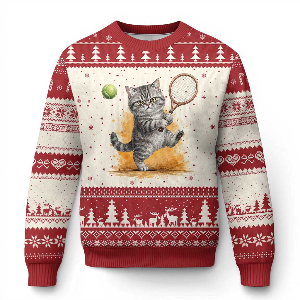 Funny Grumpy Cat Tennis Player Ugly Christmas Sweater Gift For Tennis Fans - Wonder Print Shop